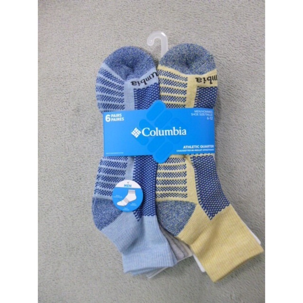 Columbia Mens Socks 6-Pair Size 6-12 Athletic Quarter Cut Blue/White/Gray/Tan